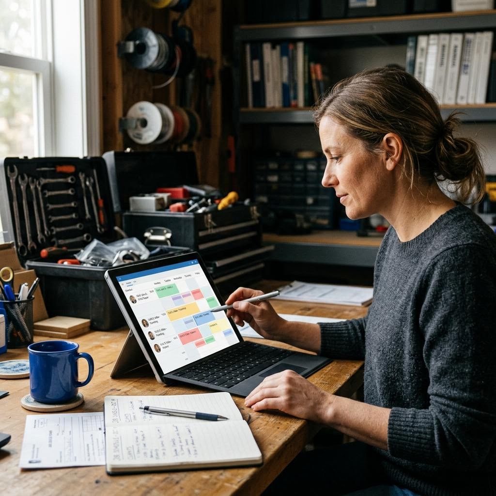 Home service business owner organizing jobs and customers on a tablet