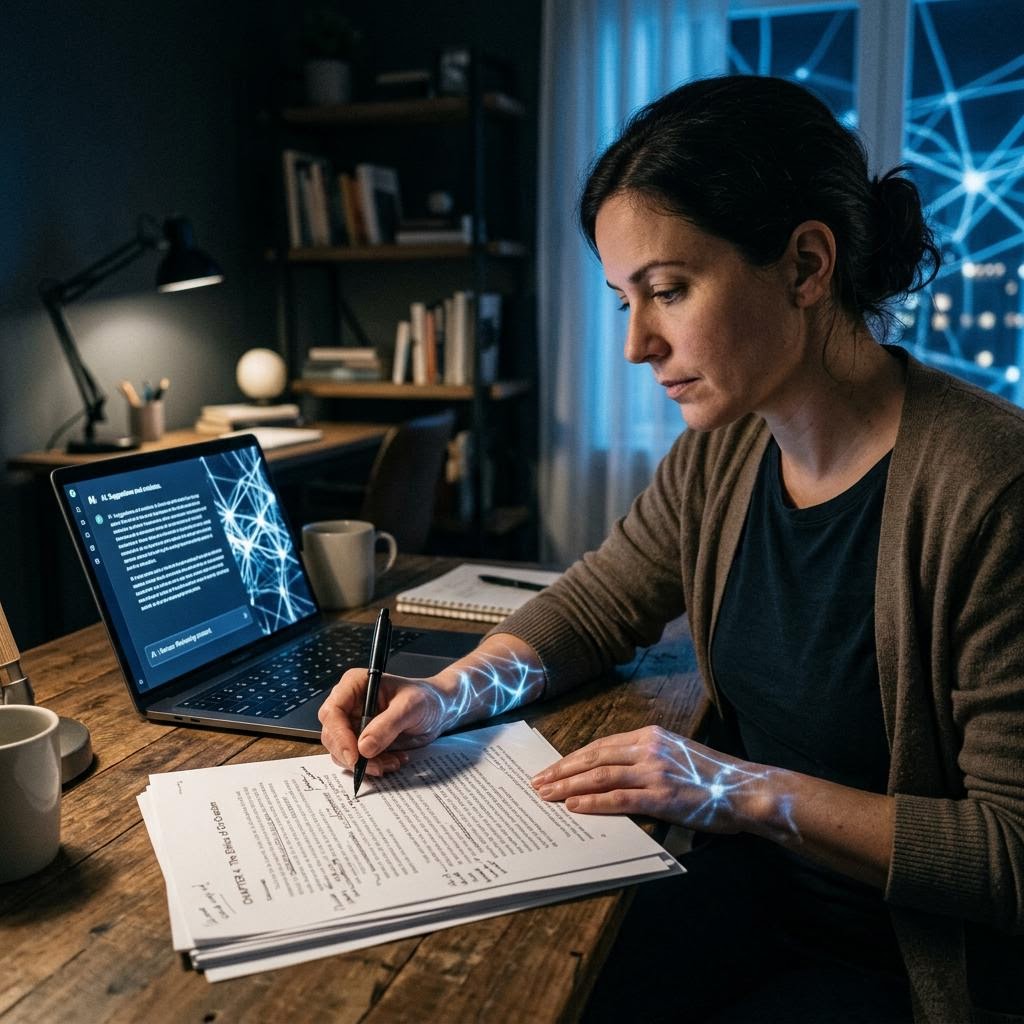 Writer revising a manuscript beside an AI-assisted workspace
