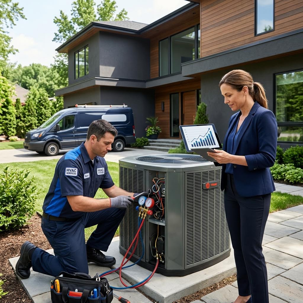HVAC technician and business owner reviewing growth plans