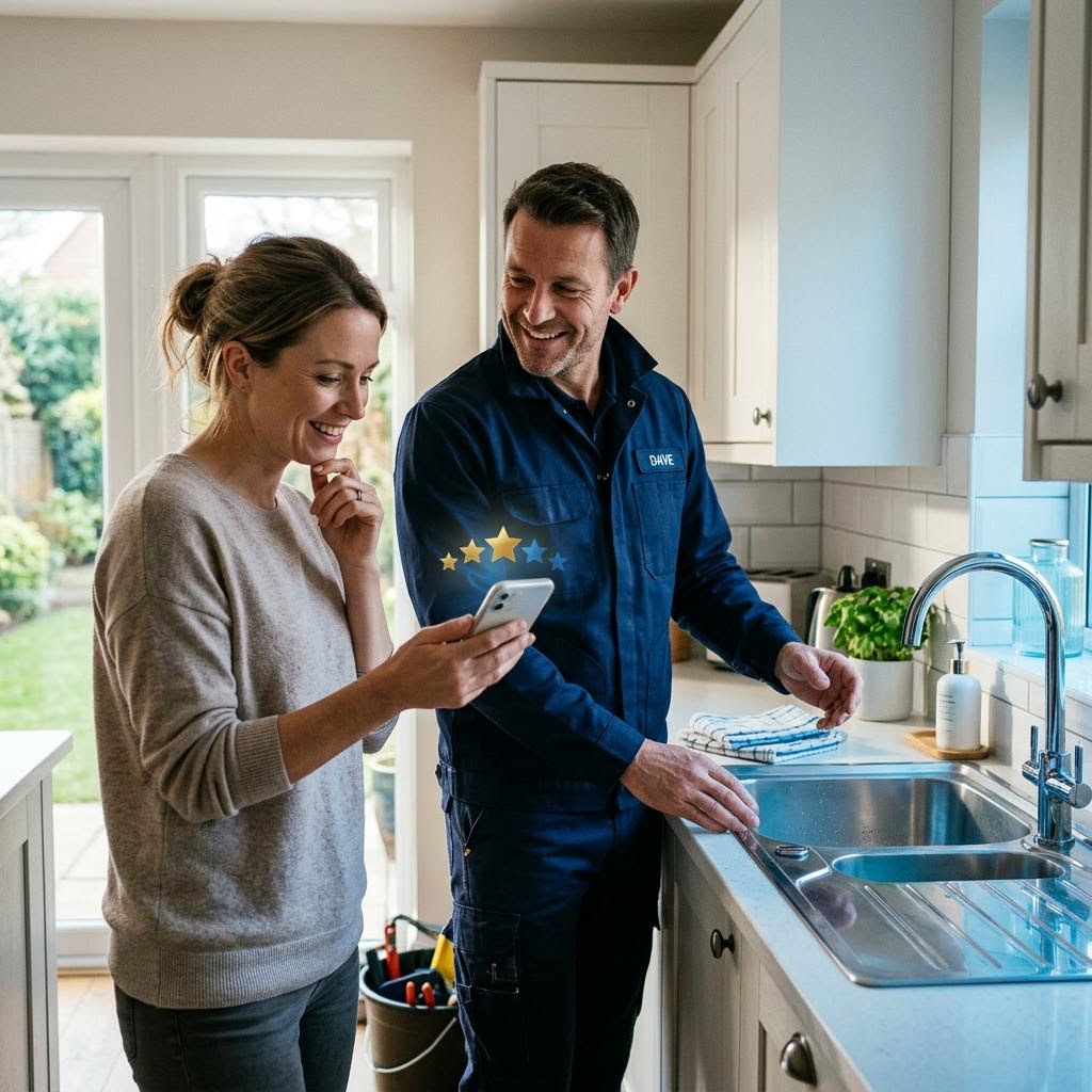 Plumber helping a homeowner who is checking a review on a phone