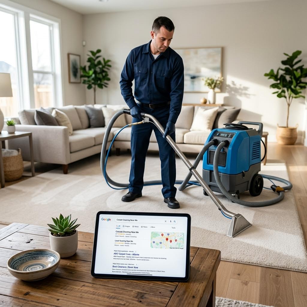 Carpet cleaning professional working in a modern home