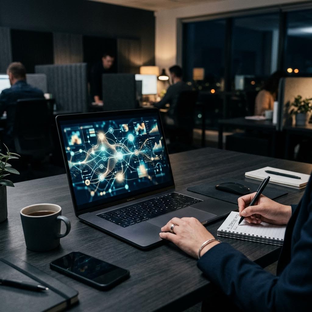 Marketing strategist working with an abstract AI data network