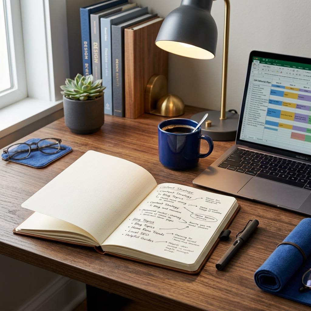 Notebook and laptop prepared for a thoughtful content strategy